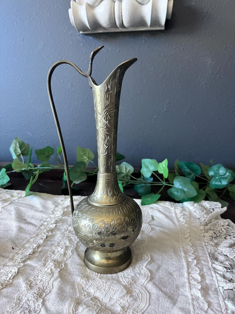 Vintage 1950's Brass World Gift India Pitcher with Serpent Handle