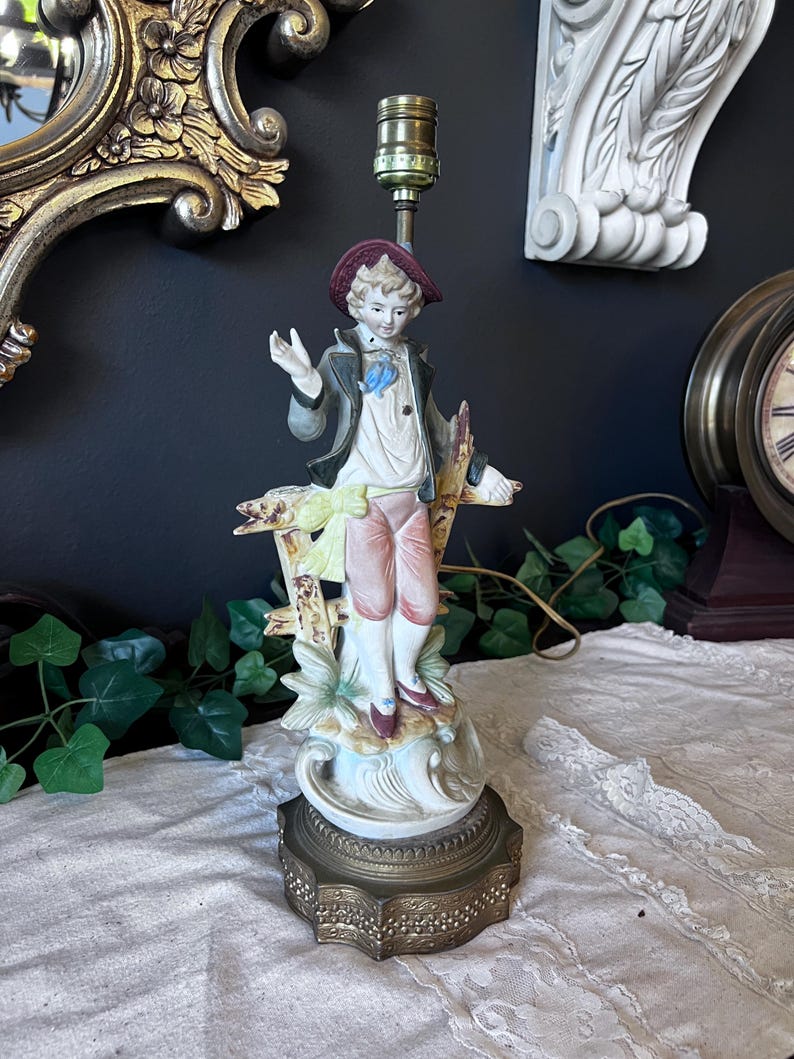 Vintage Blue French Provincial Figure Bisque Ceramic Table Lamp