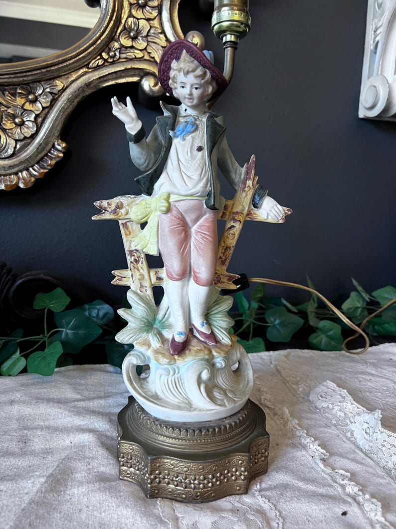 Vintage Blue French Provincial Figure Bisque Ceramic Table Lamp