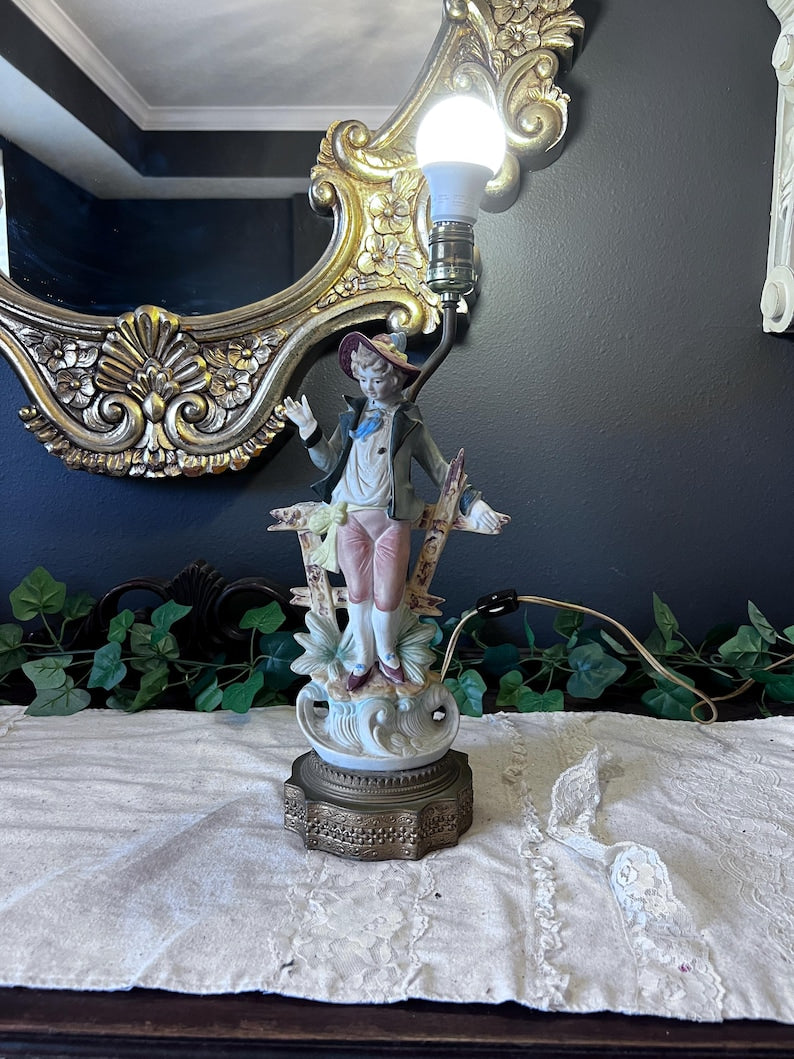 Vintage Blue French Provincial Figure Bisque Ceramic Table Lamp