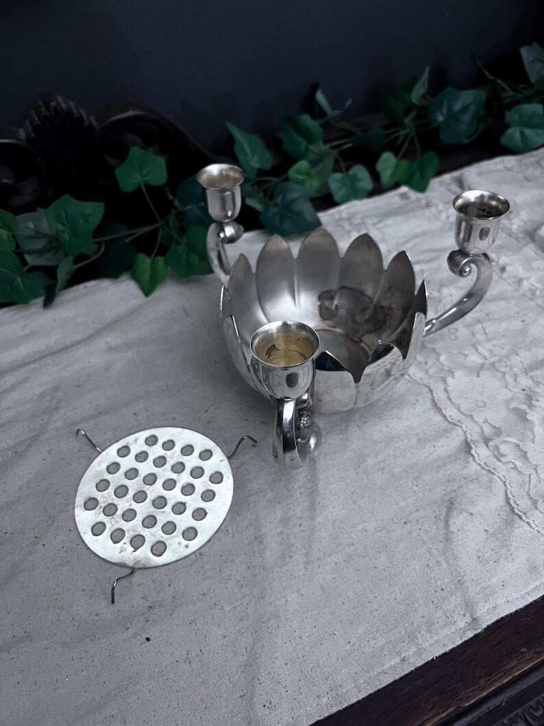 Vintage Leonard Silver Plate Lotus Flower Bowl 3 Candle Stick Holder