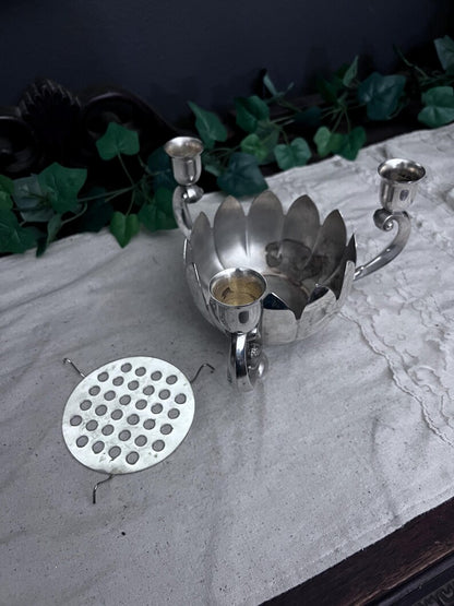 Vintage Leonard Silver Plate Lotus Flower Bowl 3 Candle Stick Holder