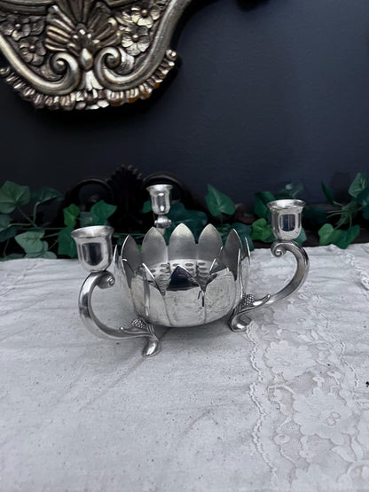 Vintage Leonard Silver Plate Lotus Flower Bowl 3 Candle Stick Holder
