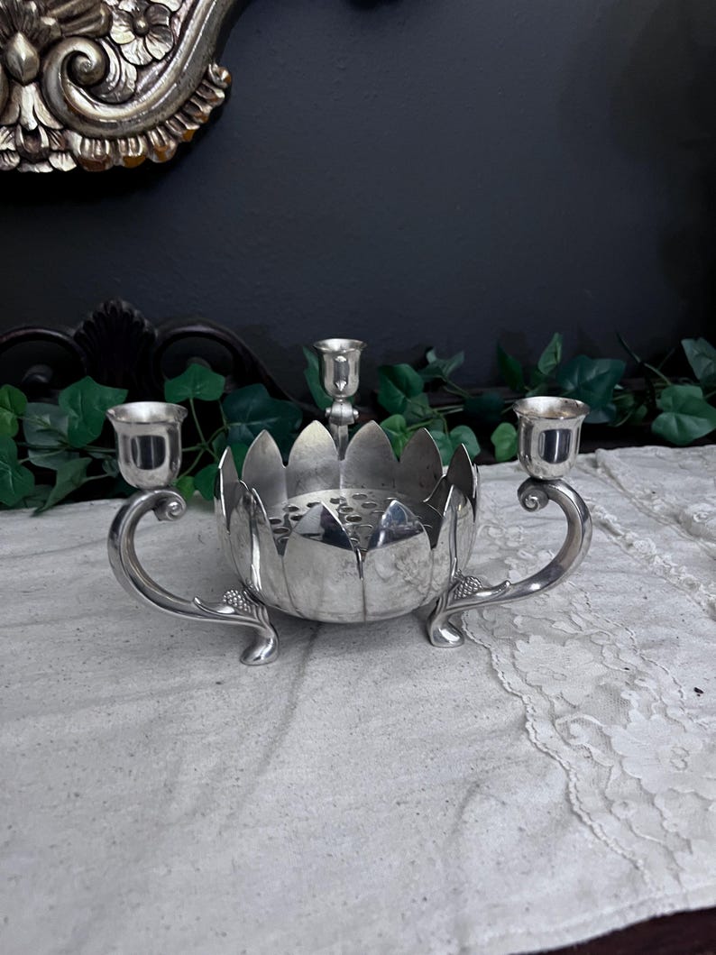 Vintage Leonard Silver Plate Lotus Flower Bowl 3 Candle Stick Holder