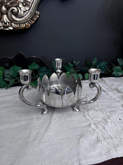 Vintage Leonard Silver Plate Lotus Flower Bowl 3 Candle Stick Holder
