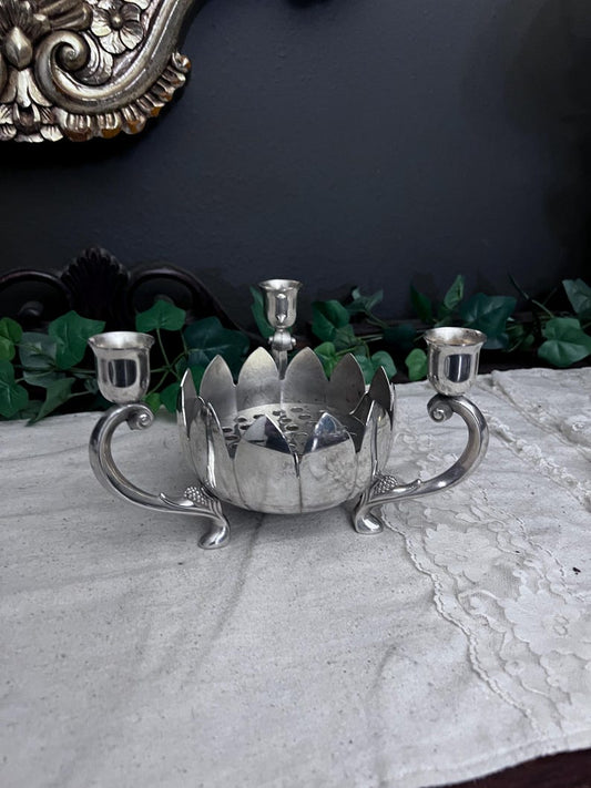 Vintage Leonard Silver Plate Lotus Flower Bowl 3 Candle Stick Holder