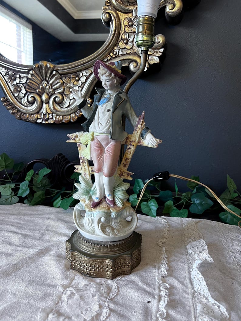 Vintage Blue French Provincial Figure Bisque Ceramic Table Lamp