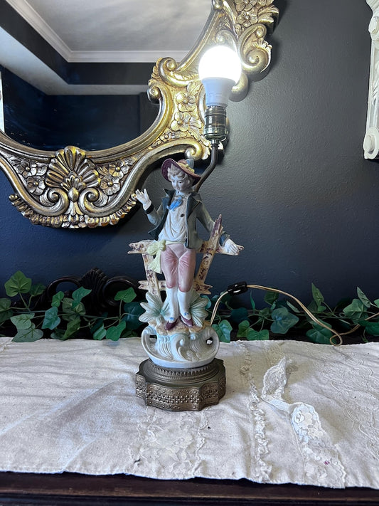 Vintage Blue French Provincial Figure Bisque Ceramic Table Lamp