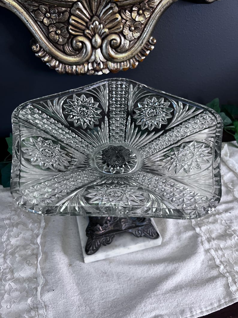 Vintage Brass and marble pressed glass fruit bowl