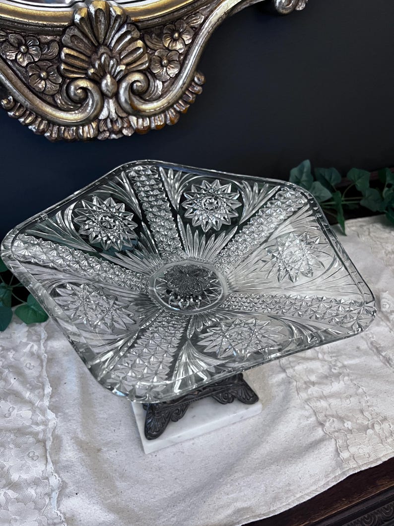 Vintage Brass and marble pressed glass fruit bowl