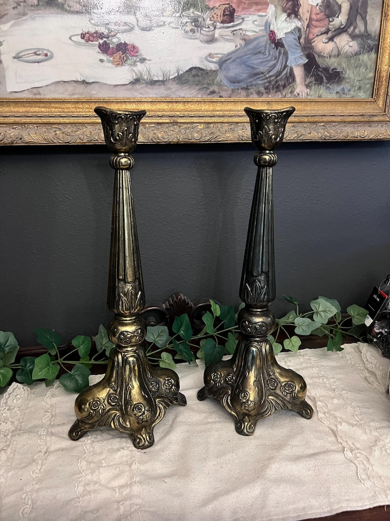 Extra large Vintage Art Nouveau style Cast Brass candle stick holders - Set of 2