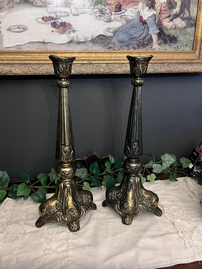 Extra large Vintage Art Nouveau style Cast Brass candle stick holders - Set of 2