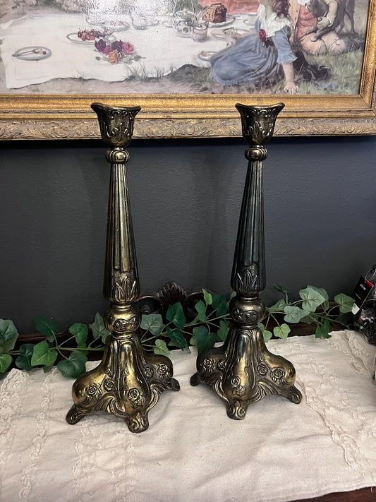 Extra large Vintage Art Nouveau style Cast Brass candle stick holders - Set of 2