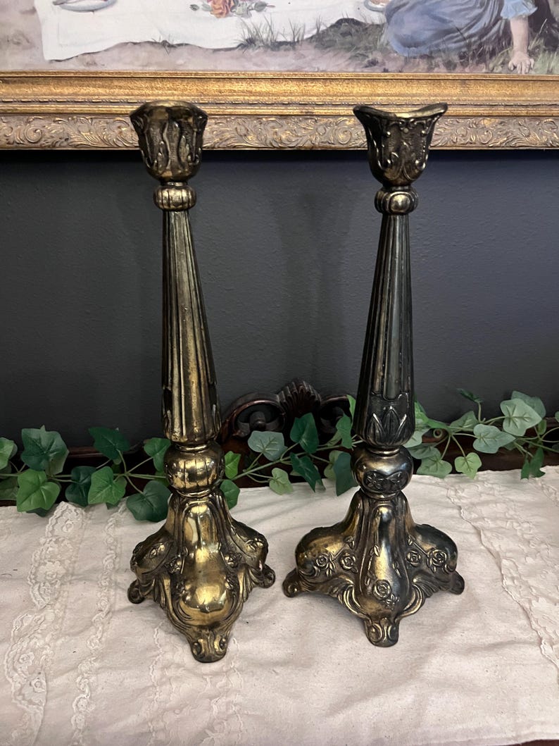Extra large Vintage Art Nouveau style Cast Brass candle stick holders - Set of 2