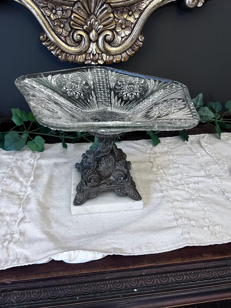 Vintage Brass and marble pressed glass fruit bowl
