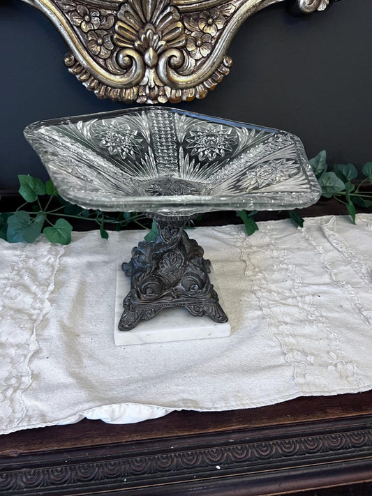 Vintage Brass and marble pressed glass fruit bowl