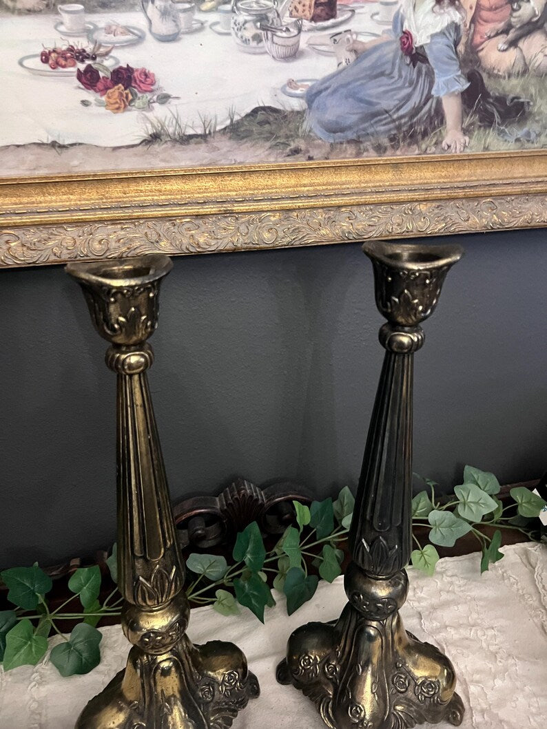 Extra large Vintage Art Nouveau style Cast Brass candle stick holders - Set of 2