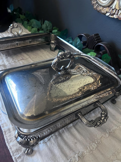 Vintage 4 pc Silver Plate Footed Casserole Server W/ ONE Glass Pyrex Insert