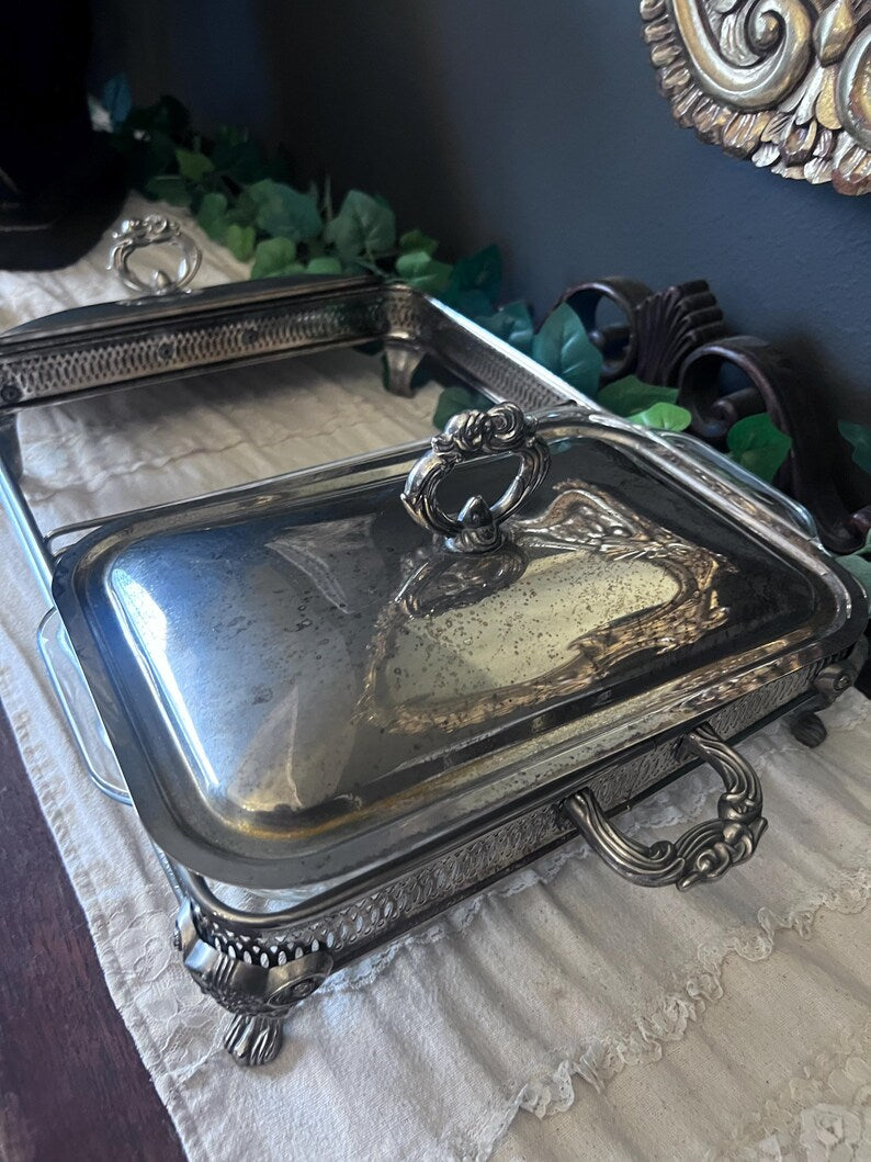 Vintage 4 pc Silver Plate Footed Casserole Server W/ ONE Glass Pyrex Insert