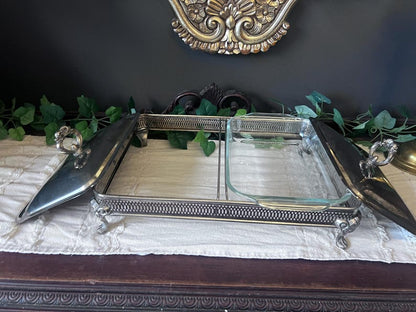 Vintage 4 pc Silver Plate Footed Casserole Server W/ ONE Glass Pyrex Insert