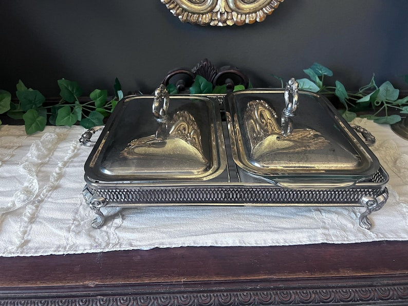 Vintage 4 pc Silver Plate Footed Casserole Server W/ ONE Glass Pyrex Insert