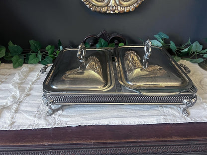 Vintage 4 pc Silver Plate Footed Casserole Server W/ ONE Glass Pyrex Insert