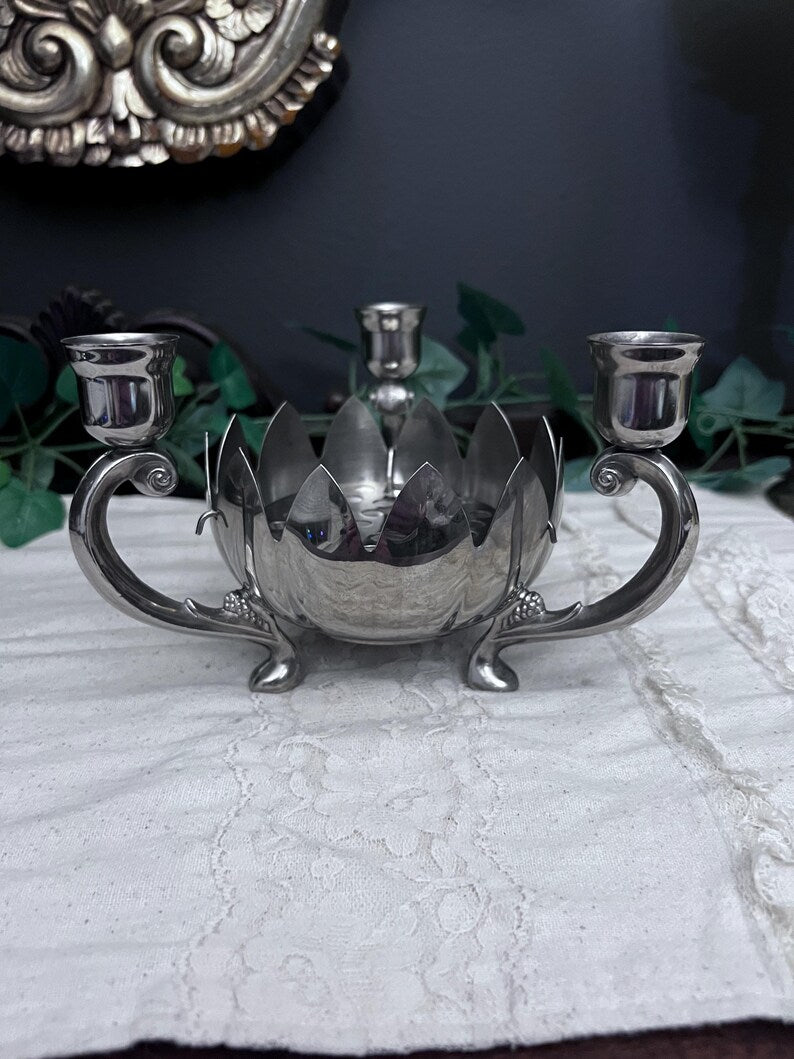Vintage Silver Plate Lotus Flower Bowl 3 Candle Stick Holder #2