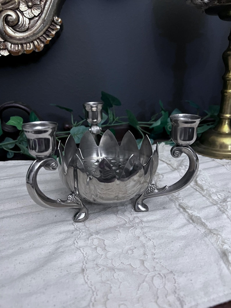 Vintage Silver Plate Lotus Flower Bowl 3 Candle Stick Holder #2