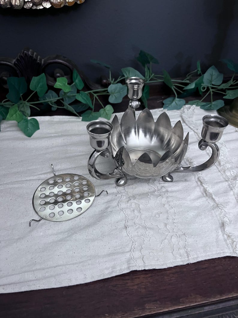 Vintage Silver Plate Lotus Flower Bowl 3 Candle Stick Holder #2