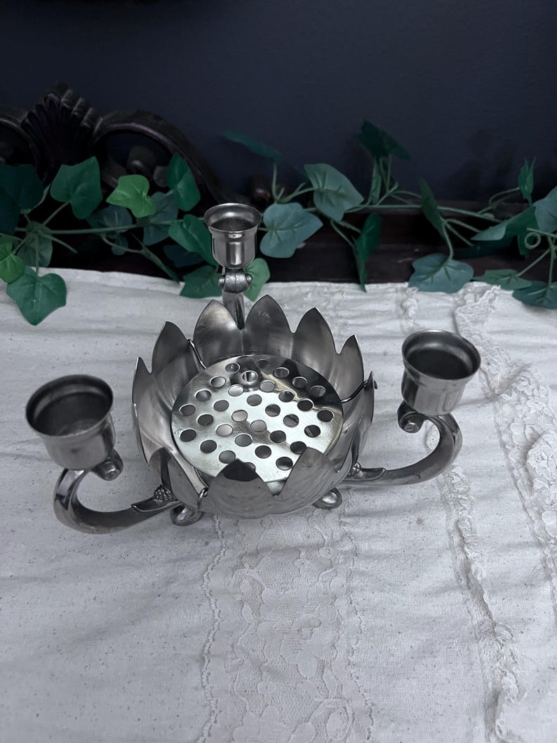 Vintage Silver Plate Lotus Flower Bowl 3 Candle Stick Holder #2