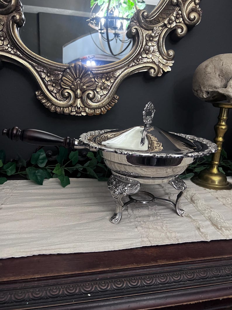 Vintage Baroque Silver Plate Chafing Dish with wooden handle - 4 pcs