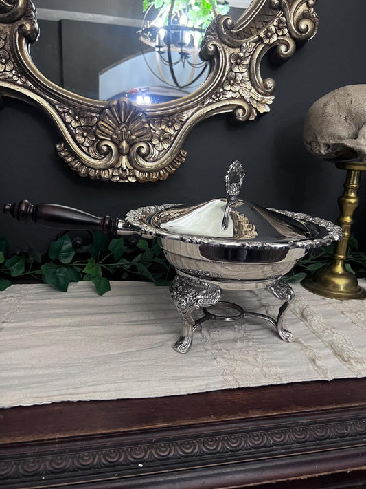 Vintage Baroque Silver Plate Chafing Dish with wooden handle - 4 pcs
