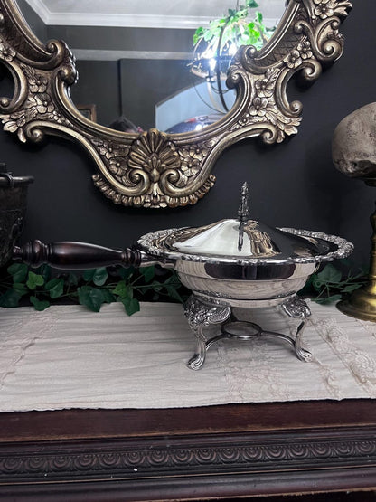 Vintage Baroque Silver Plate Chafing Dish with wooden handle - 4 pcs