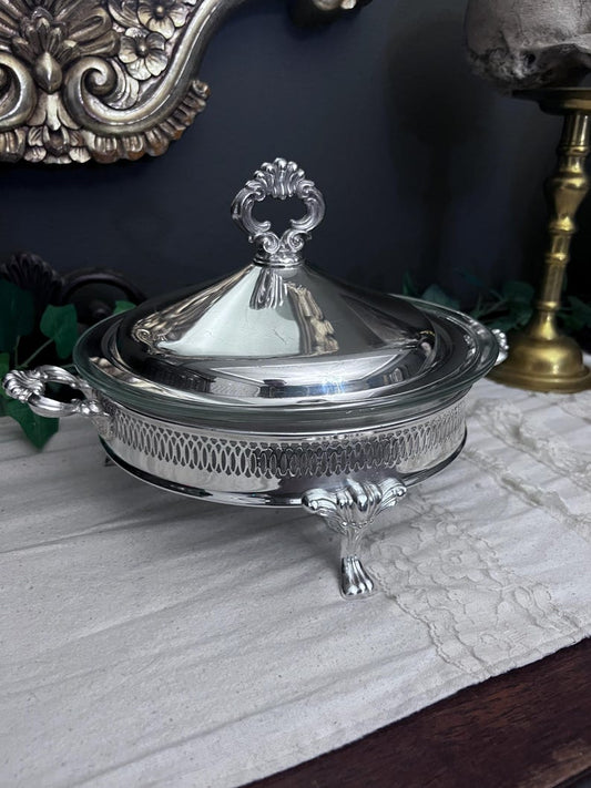 Vintage Silver-Plated Serving Dish w/Glass Insert, Lid and Ornate Feet
