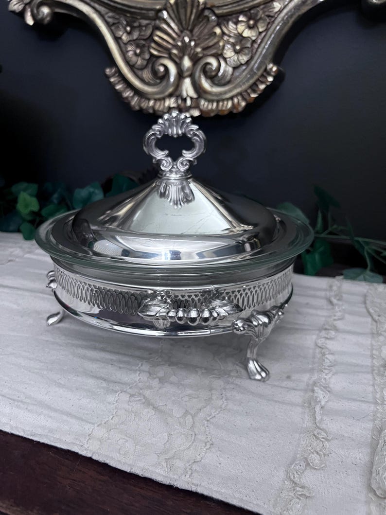 Vintage Silver-Plated Serving Dish w/Glass Insert, Lid and Ornate Feet