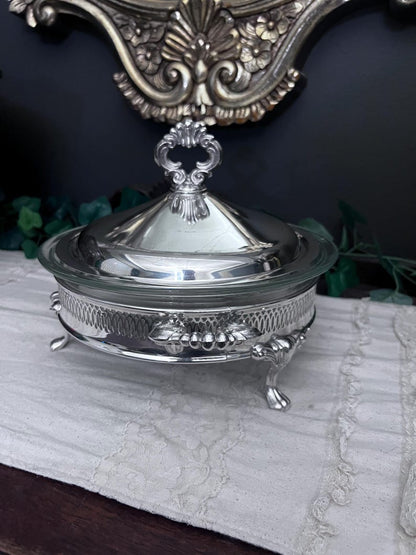 Vintage Silver-Plated Serving Dish w/Glass Insert, Lid and Ornate Feet
