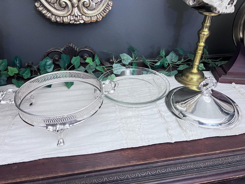 Vintage Silver-Plated Serving Dish w/Glass Insert, Lid and Ornate Feet