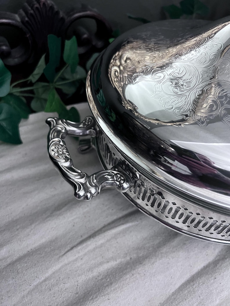 Vintage Silver-Plated Etched Serving Dish, Includes Glass Insert