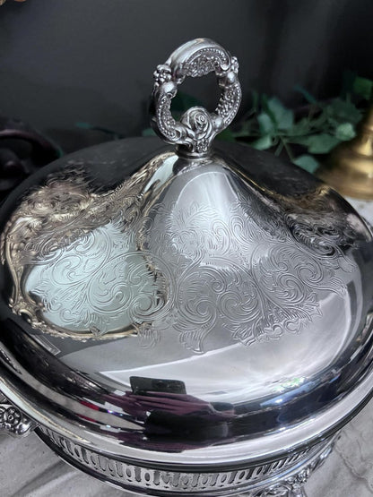 Vintage Silver-Plated Etched Serving Dish, Includes Glass Insert