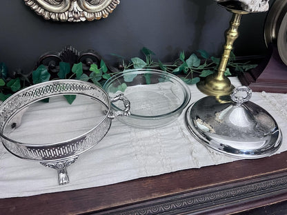 Vintage Silver-Plated Etched Serving Dish, Includes Glass Insert
