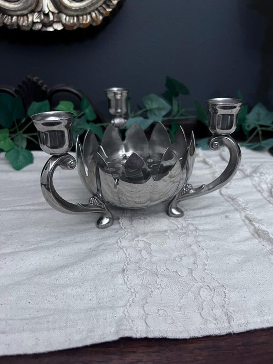 Vintage Silver Plate Lotus Flower Bowl 3 Candle Stick Holder #2