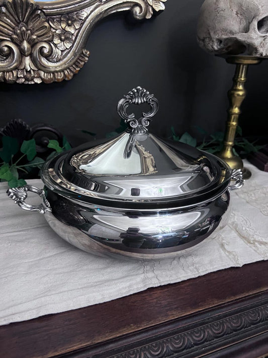 Vintage FB Rogers Silver Plate Casserole Serving Dish Bowl with Glass Insert