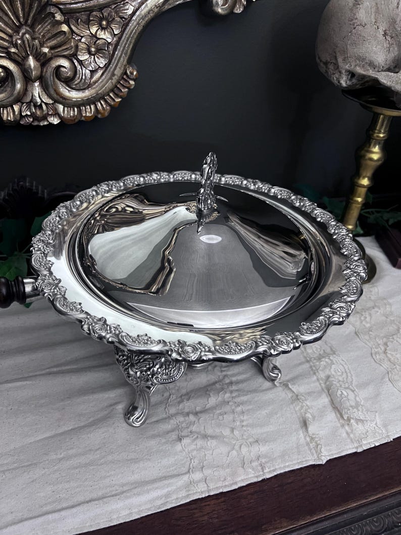 Vintage Baroque Silver Plate Chafing Dish with wooden handle - 4 pcs
