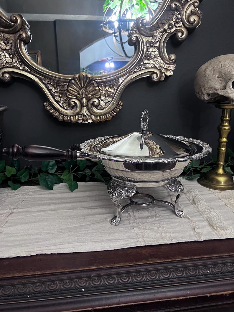 Vintage Baroque Silver Plate Chafing Dish with wooden handle - 4 pcs