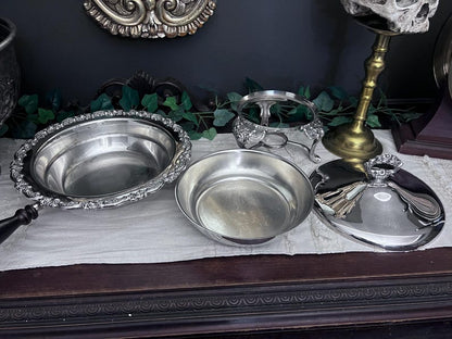 Vintage Baroque Silver Plate Chafing Dish with wooden handle - 4 pcs