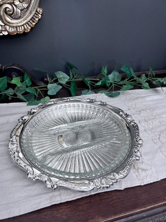 Vintage Sheridan Silver Plated Round Serving Tray Ornate Glass Insert 12.5"
