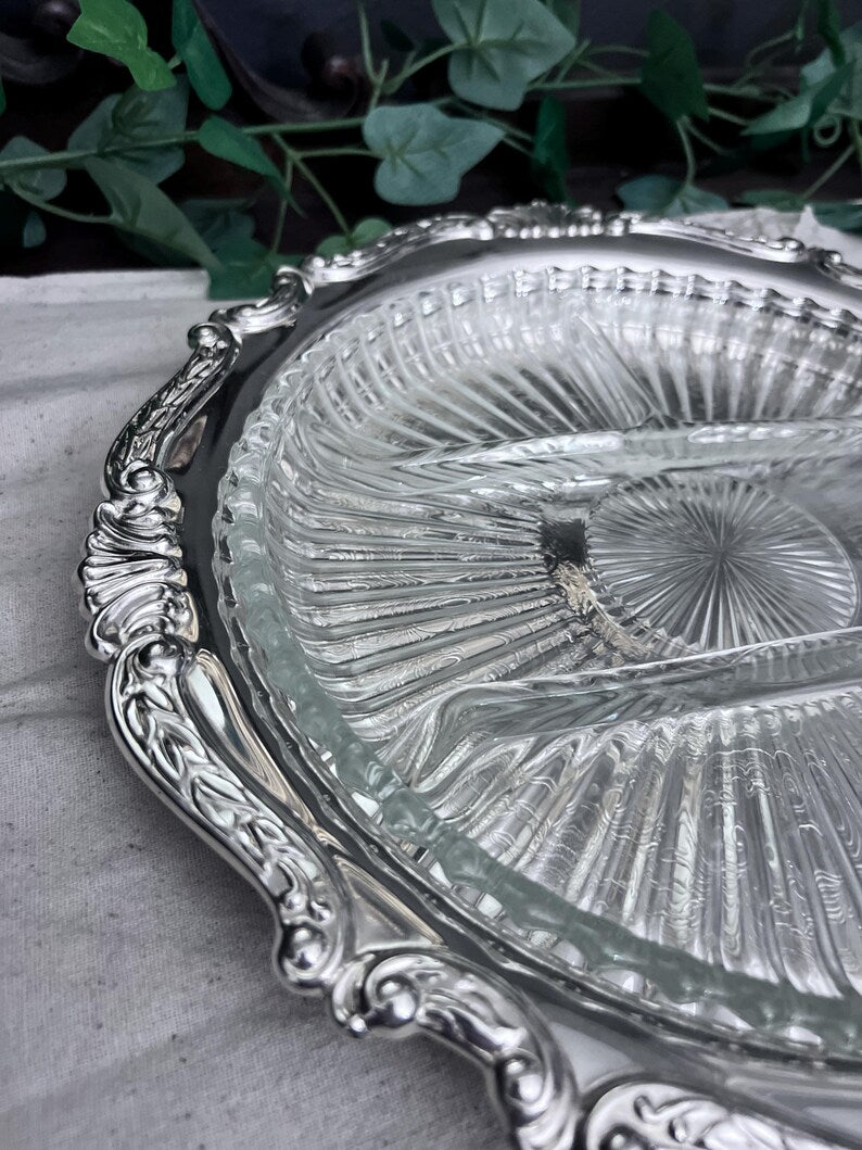 Vintage Sheridan Silver Plated Round Serving Tray Ornate Glass Insert 12.5"