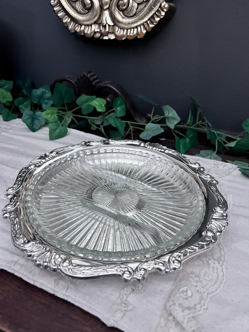 Vintage Sheridan Silver Plated Round Serving Tray Ornate Glass Insert 12.5"