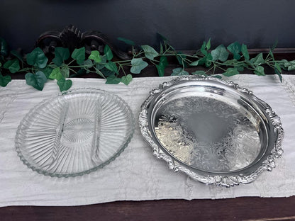 Vintage Sheridan Silver Plated Round Serving Tray Ornate Glass Insert 12.5"