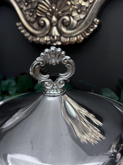 Vintage Silver-Plated Serving Dish w/Glass Insert, Lid and Ornate Feet